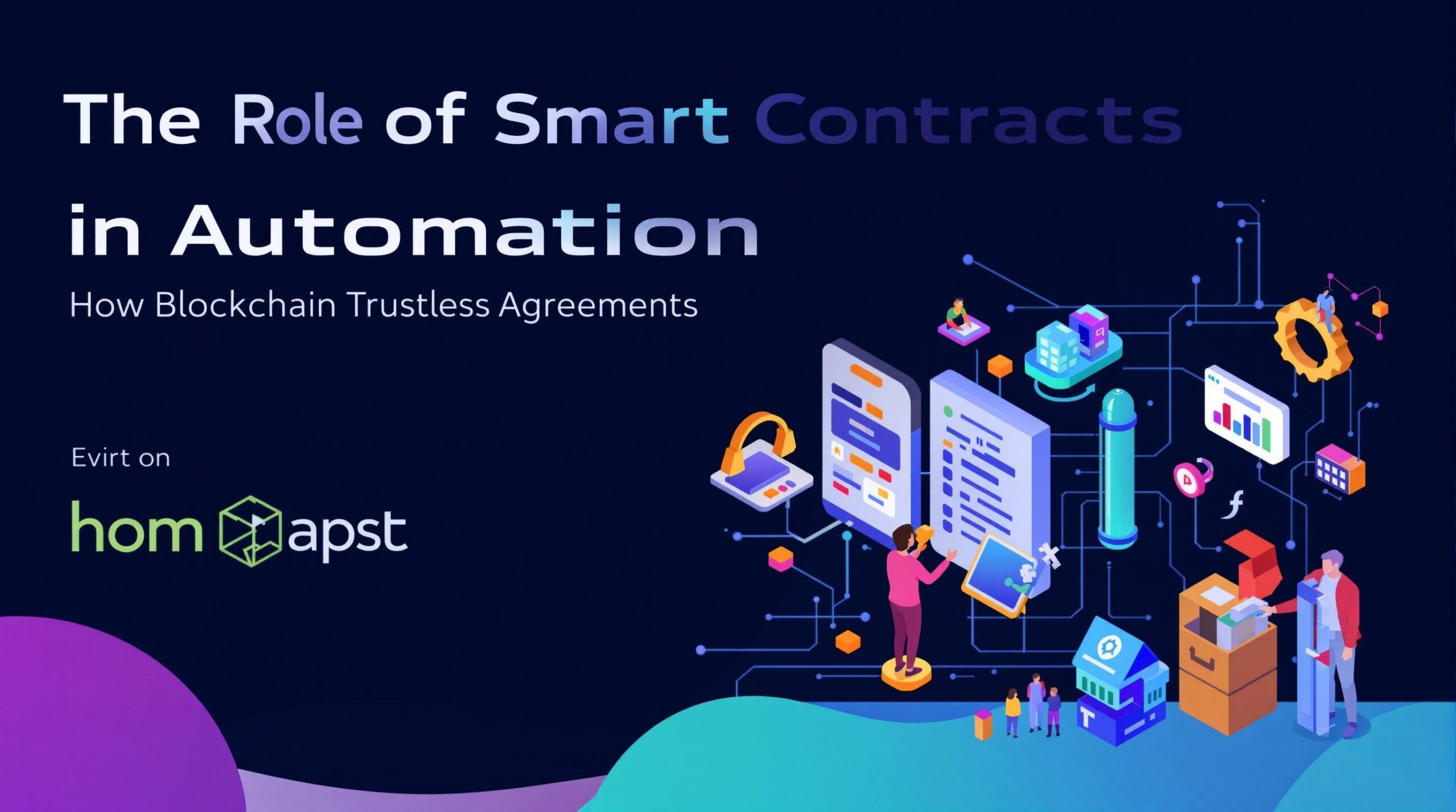 Infographic depicting the words The Role of Smart Contracts in Automation: How Blockchain Enables Trustless Agreements
