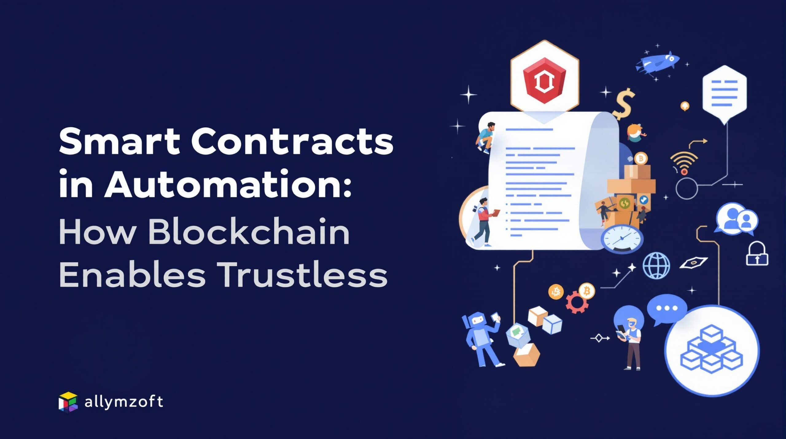 Infographic depicting the words The Role of Smart Contracts in Automation: How Blockchain Enables Trustless Agreements